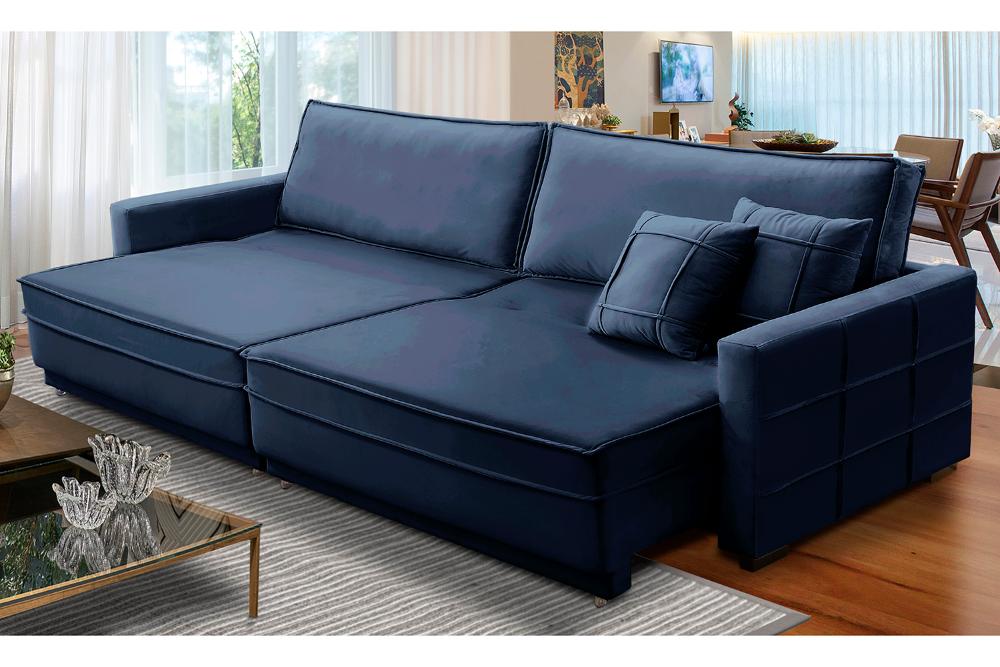 Sofá Cama Retrátil e Reclinável 2,50m com Molas Karen Veludo Azul Adonai Estofados