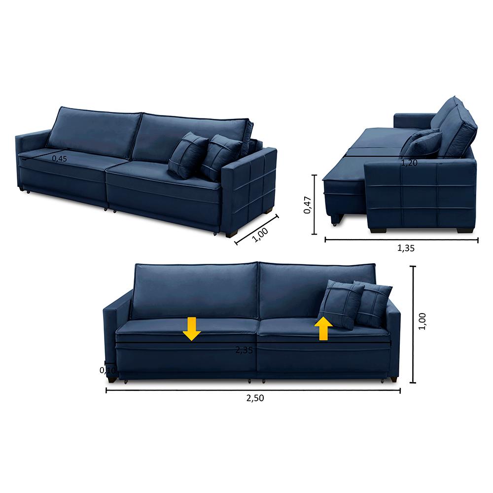 Sofá Cama Retrátil e Reclinável 2,50m com Molas Karen Veludo Azul Adonai Estofados