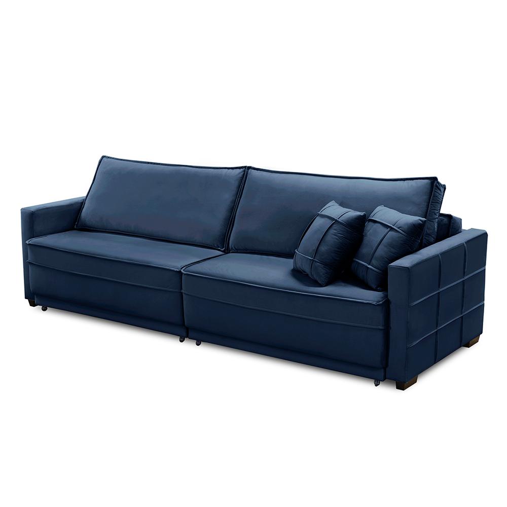 Sofá Cama Retrátil e Reclinável 2,50m com Molas Karen Veludo Azul Adonai Estofados