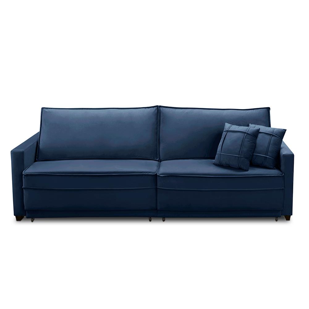 Sofá Cama Retrátil e Reclinável 2,50m com Molas Karen Veludo Azul Adonai Estofados