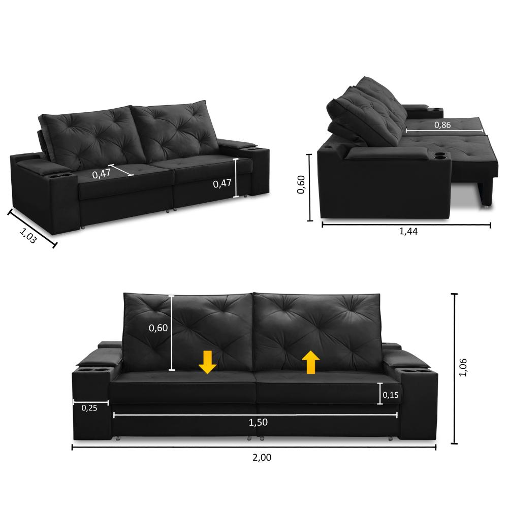 Sofá Retrátil Reclinável 3 lugares 2,00m com Porta Copos e USB Helena Suede Preto Adonai Estofados