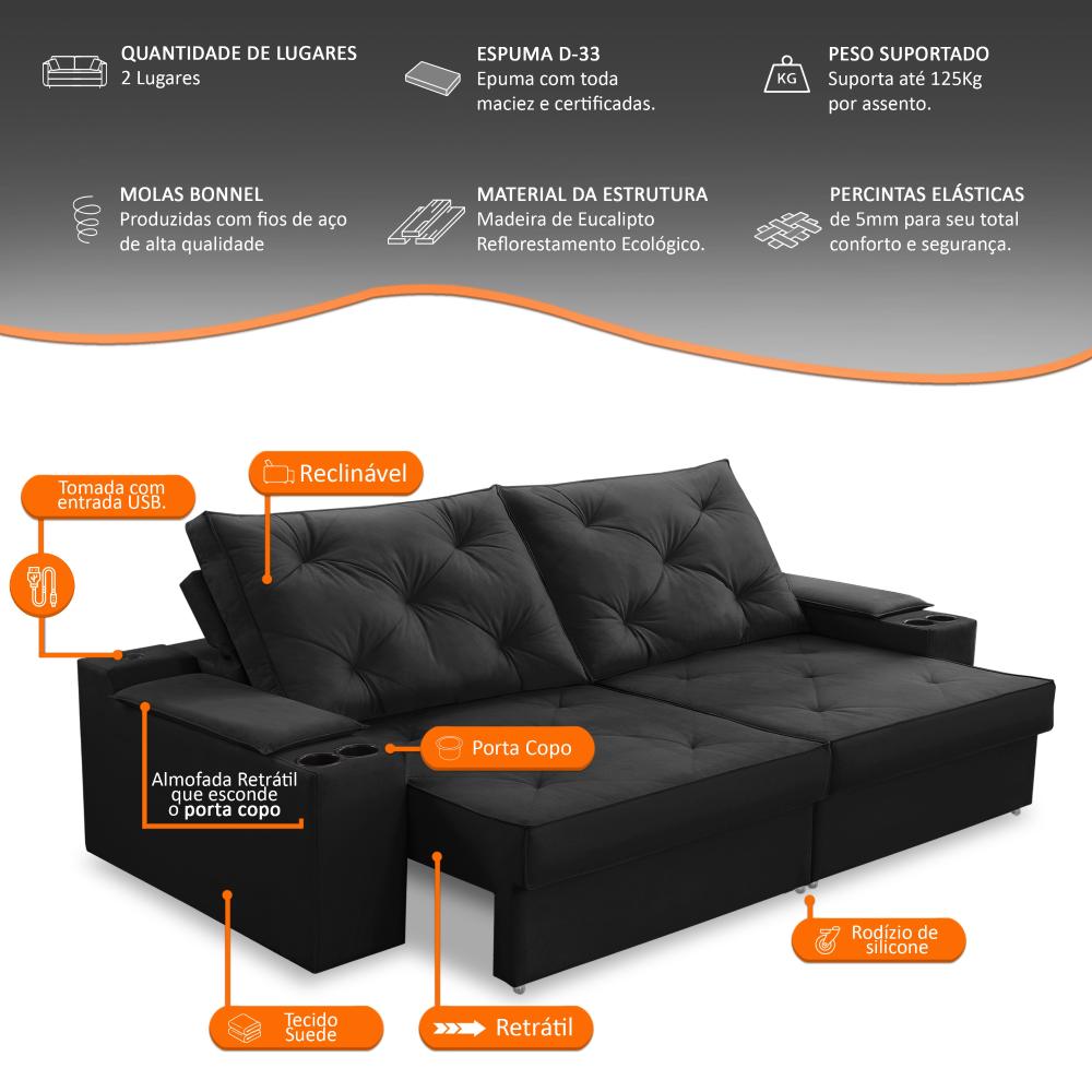 Sofá Retrátil Reclinável 3 lugares 2,00m com Porta Copos e USB Helena Suede Preto Adonai Estofados