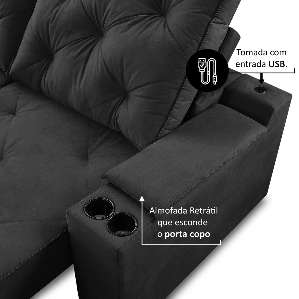 Sofá Retrátil Reclinável 3 lugares 2,00m com Porta Copos e USB Helena Suede Preto Adonai Estofados