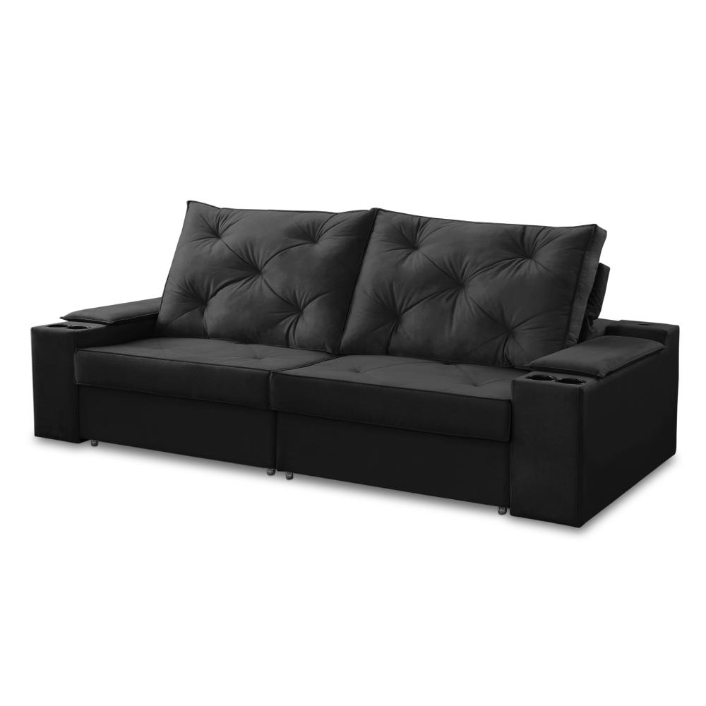 Sofá Retrátil Reclinável 3 lugares 2,00m com Porta Copos e USB Helena Suede Preto Adonai Estofados