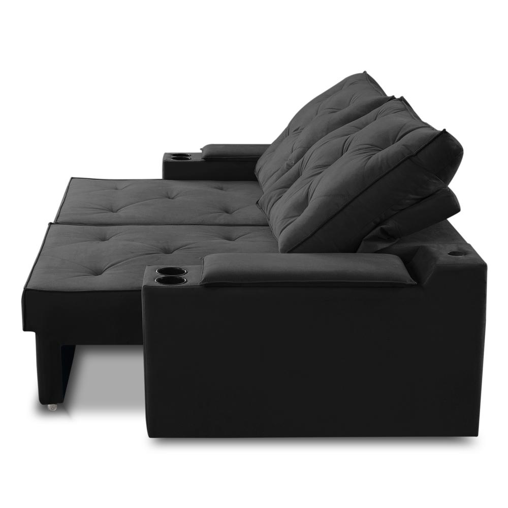 Sofá Retrátil Reclinável 3 lugares 2,00m com Porta Copos e USB Helena Suede Preto Adonai Estofados