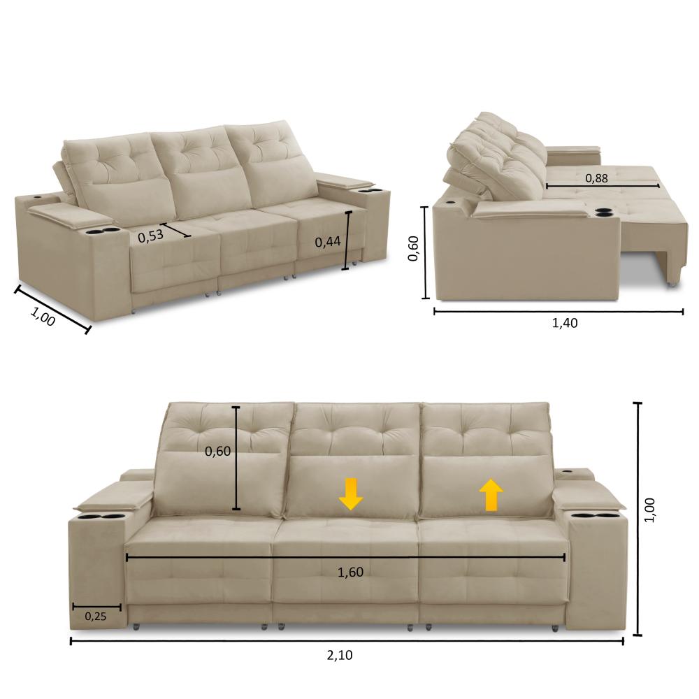 Sofá Retrátil Reclinável 3 lugares 2,10m com Porta Copos e USB Hannah Suede Bege Adonai Estofados