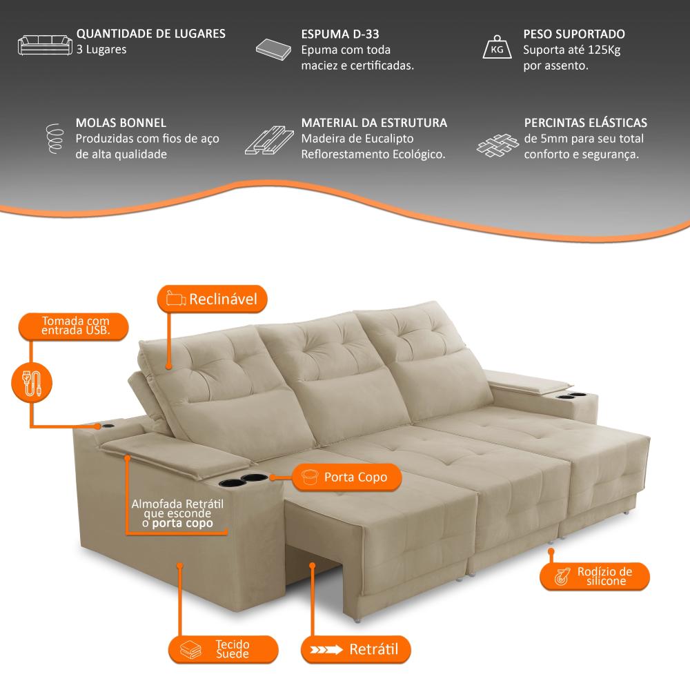 Sofá Retrátil Reclinável 3 lugares 2,10m com Porta Copos e USB Hannah Suede Bege Adonai Estofados