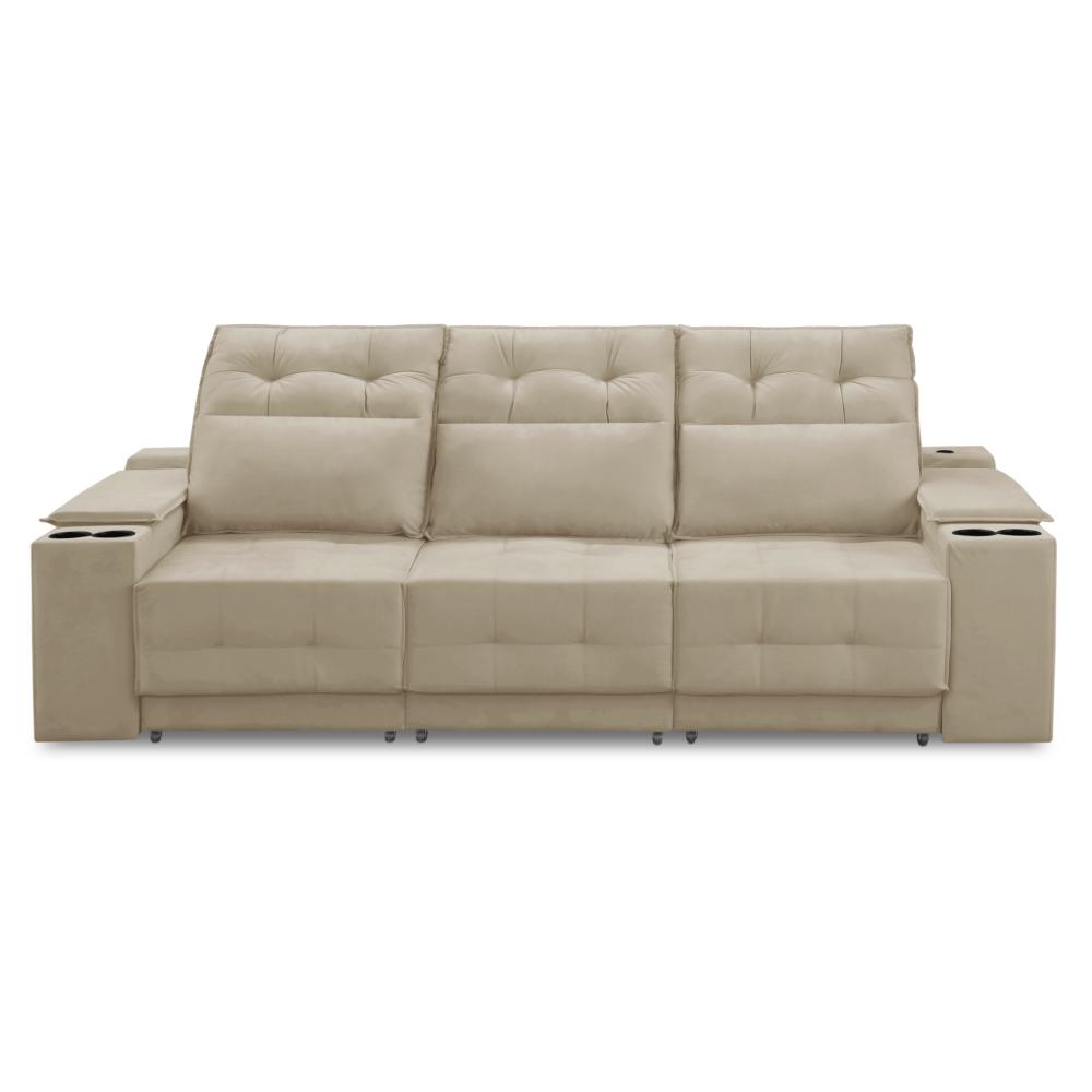 Sofá Retrátil Reclinável 3 lugares 2,10m com Porta Copos e USB Hannah Suede Bege Adonai Estofados