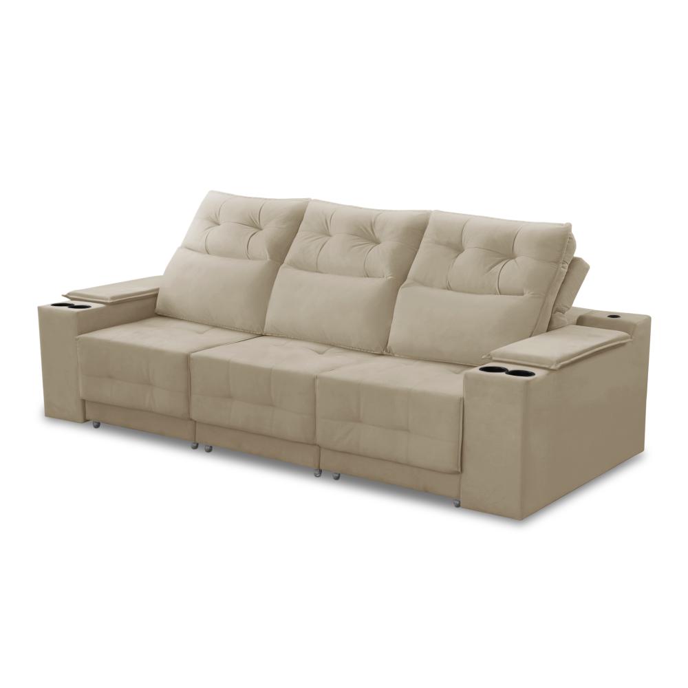 Sofá Retrátil Reclinável 3 lugares 2,10m com Porta Copos e USB Hannah Suede Bege Adonai Estofados