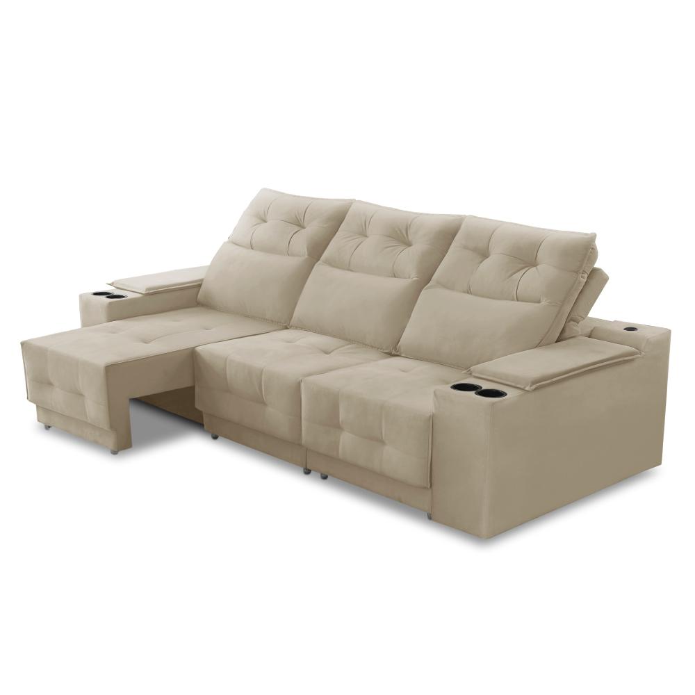 Sofá Retrátil Reclinável 3 lugares 2,10m com Porta Copos e USB Hannah Suede Bege Adonai Estofados