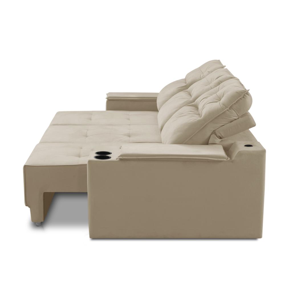 Sofá Retrátil Reclinável 3 lugares 2,10m com Porta Copos e USB Hannah Suede Bege Adonai Estofados
