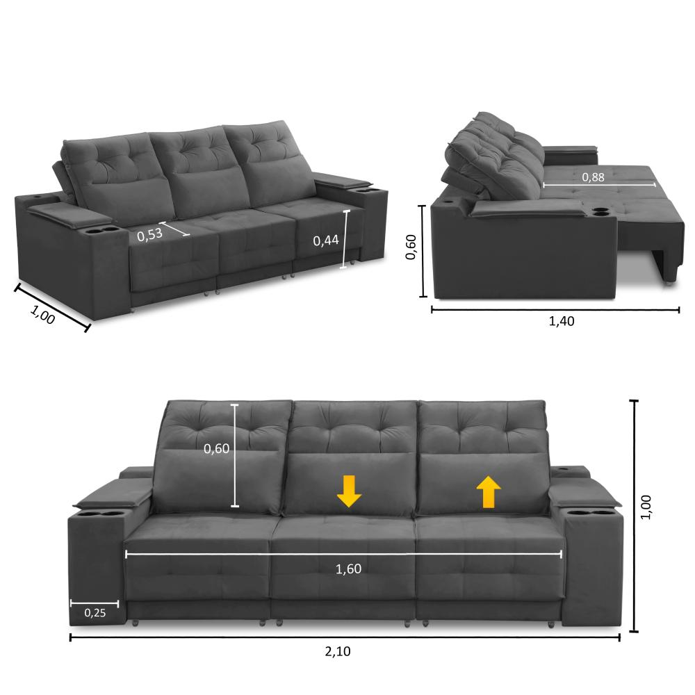 Sofá Retrátil Reclinável 3 lugares 2,10m com Porta Copos e USB Hannah Suede Cinza Adonai Estofados