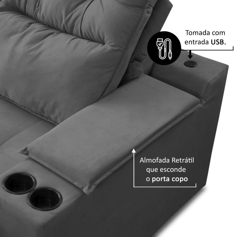 Sofá Retrátil Reclinável 3 lugares 2,10m com Porta Copos e USB Hannah Suede Cinza Adonai Estofados