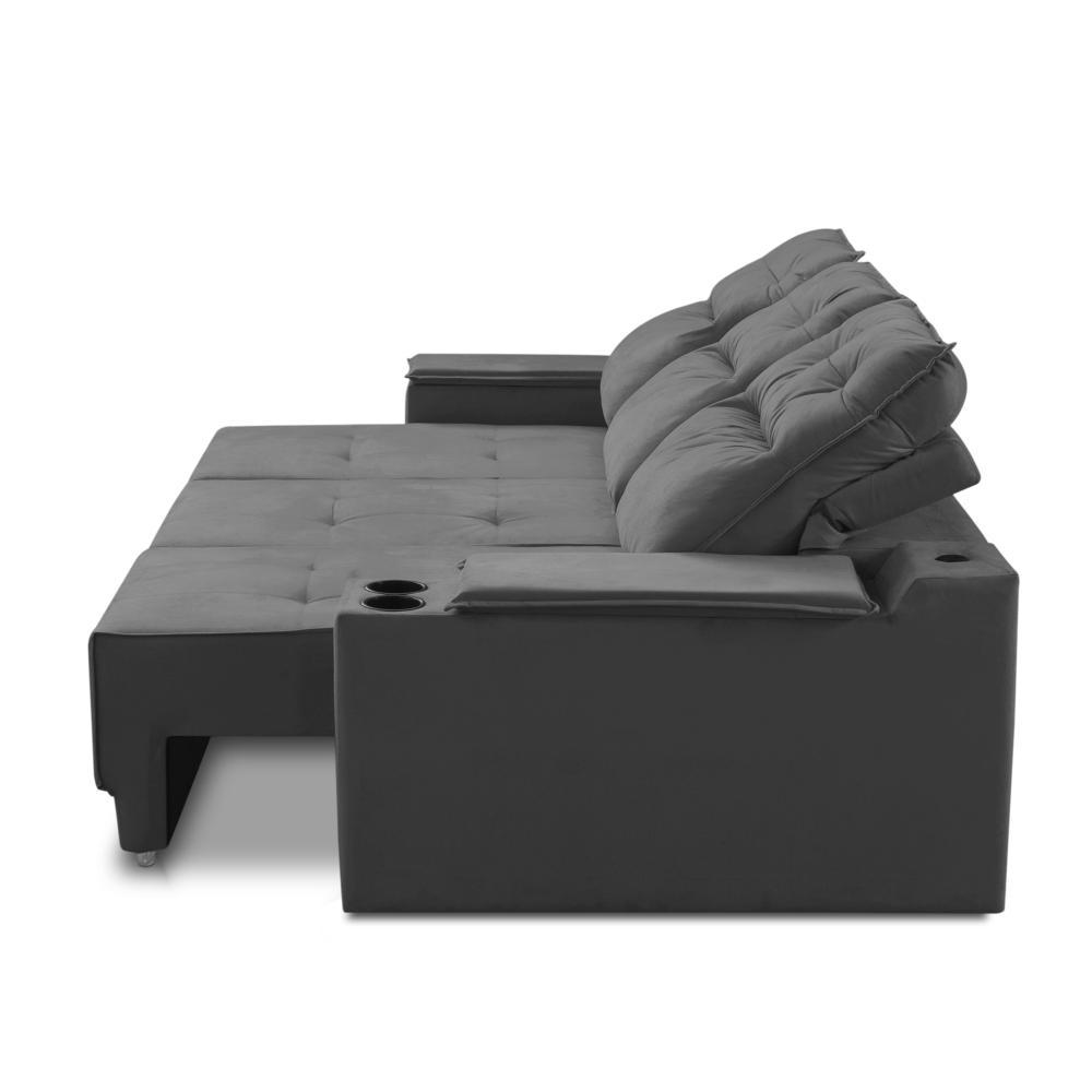 Sofá Retrátil Reclinável 3 lugares 2,10m com Porta Copos e USB Hannah Suede Cinza Adonai Estofados