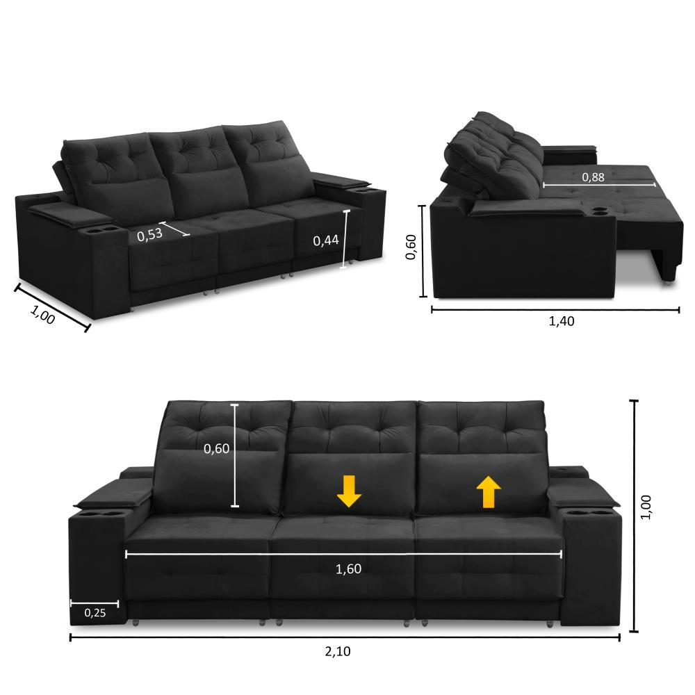 Sofá Retrátil Reclinável 3 lugares 2,10m com Porta Copos e USB Hannah Suede Preto Adonai Estofados