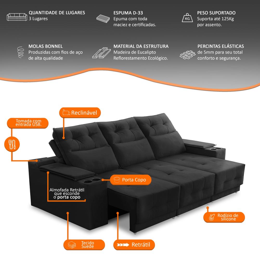Sofá Retrátil Reclinável 3 lugares 2,10m com Porta Copos e USB Hannah Suede Preto Adonai Estofados