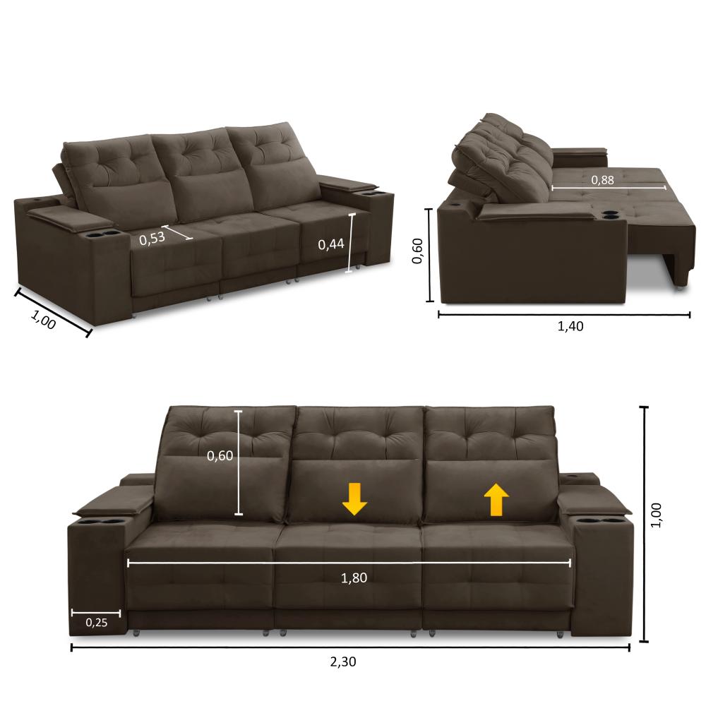 Sofá Retrátil Reclinável 3 lugares 2,30m com Porta Copos e USB Hannah Suede Marrom Adonai Estofados