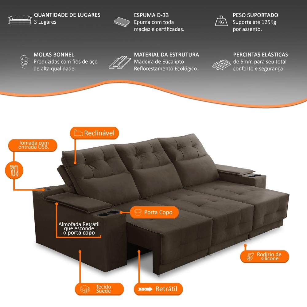 Sofá Retrátil Reclinável 3 lugares 2,30m com Porta Copos e USB Hannah Suede Marrom Adonai Estofados
