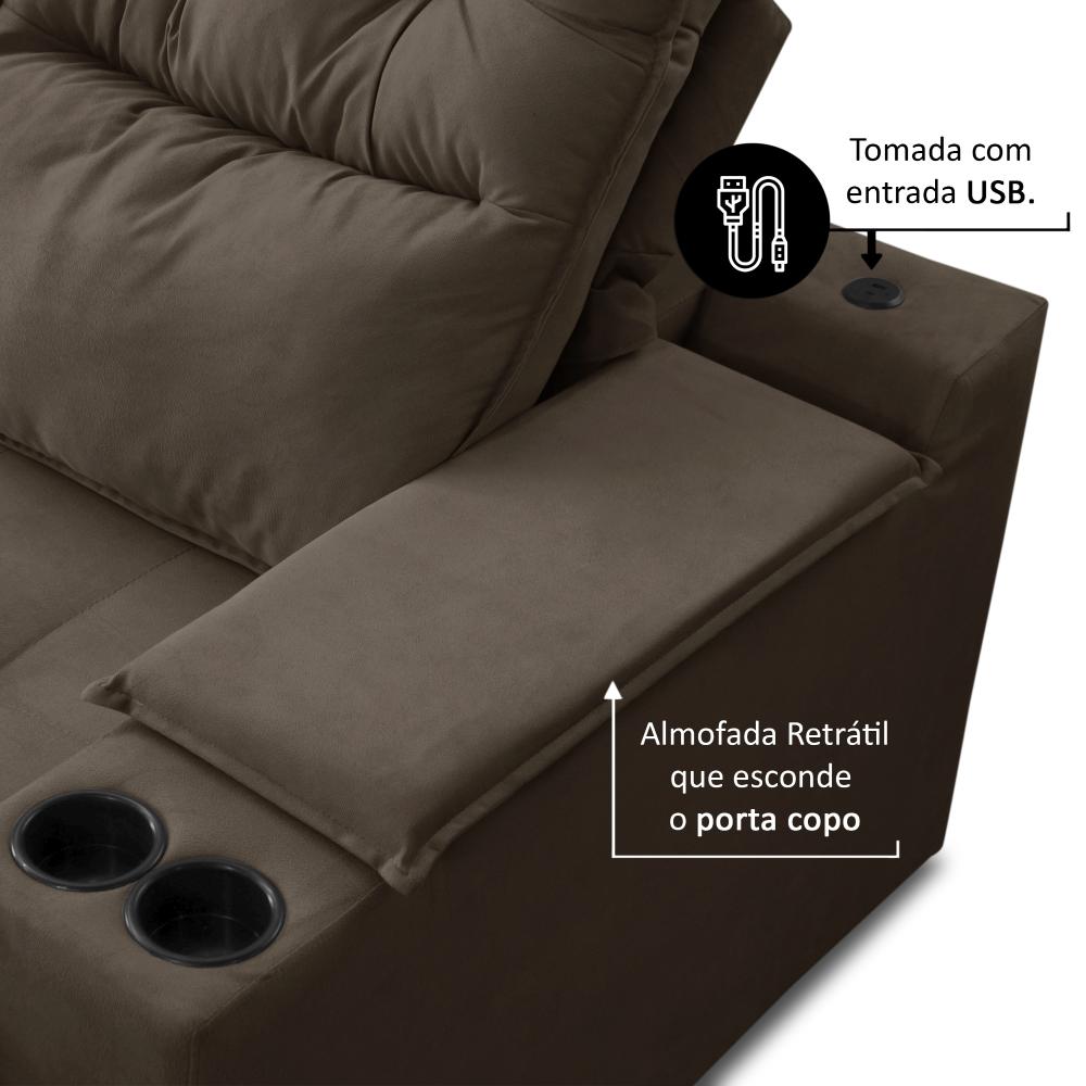 Sofá Retrátil Reclinável 3 lugares 2,30m com Porta Copos e USB Hannah Suede Marrom Adonai Estofados
