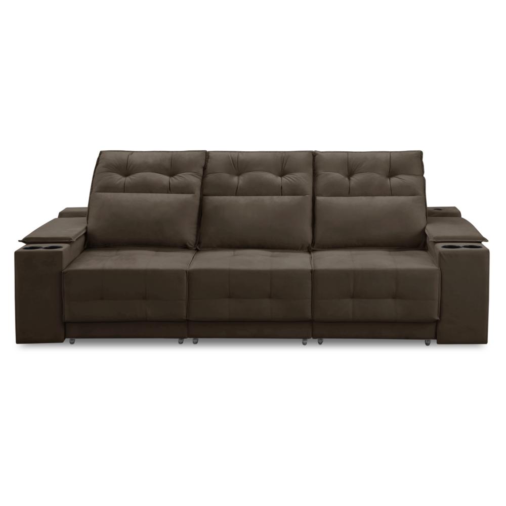 Sofá Retrátil Reclinável 3 lugares 2,30m com Porta Copos e USB Hannah Suede Marrom Adonai Estofados