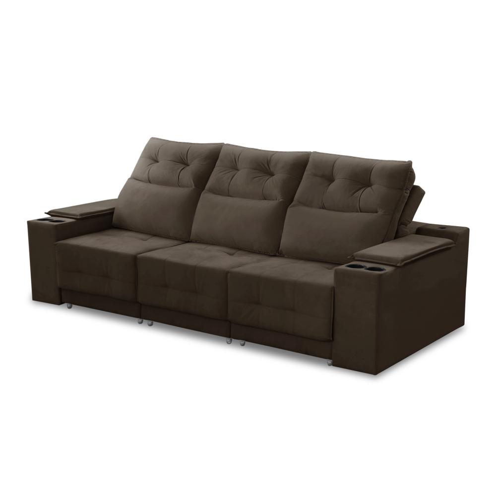 Sofá Retrátil Reclinável 3 lugares 2,30m com Porta Copos e USB Hannah Suede Marrom Adonai Estofados