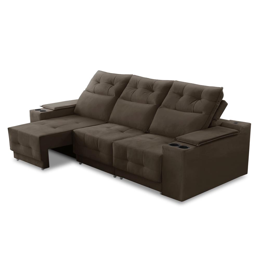 Sofá Retrátil Reclinável 3 lugares 2,30m com Porta Copos e USB Hannah Suede Marrom Adonai Estofados