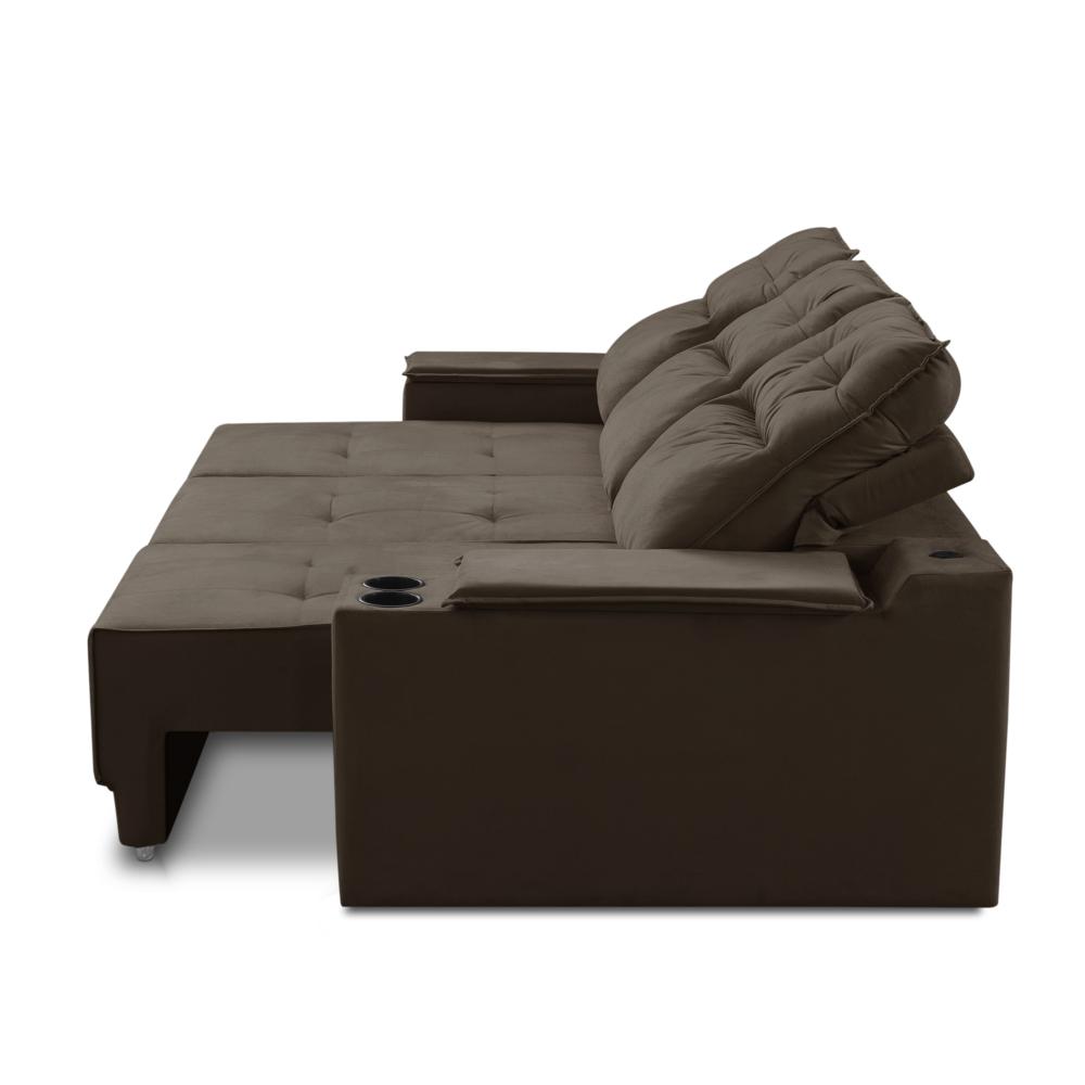 Sofá Retrátil Reclinável 3 lugares 2,30m com Porta Copos e USB Hannah Suede Marrom Adonai Estofados