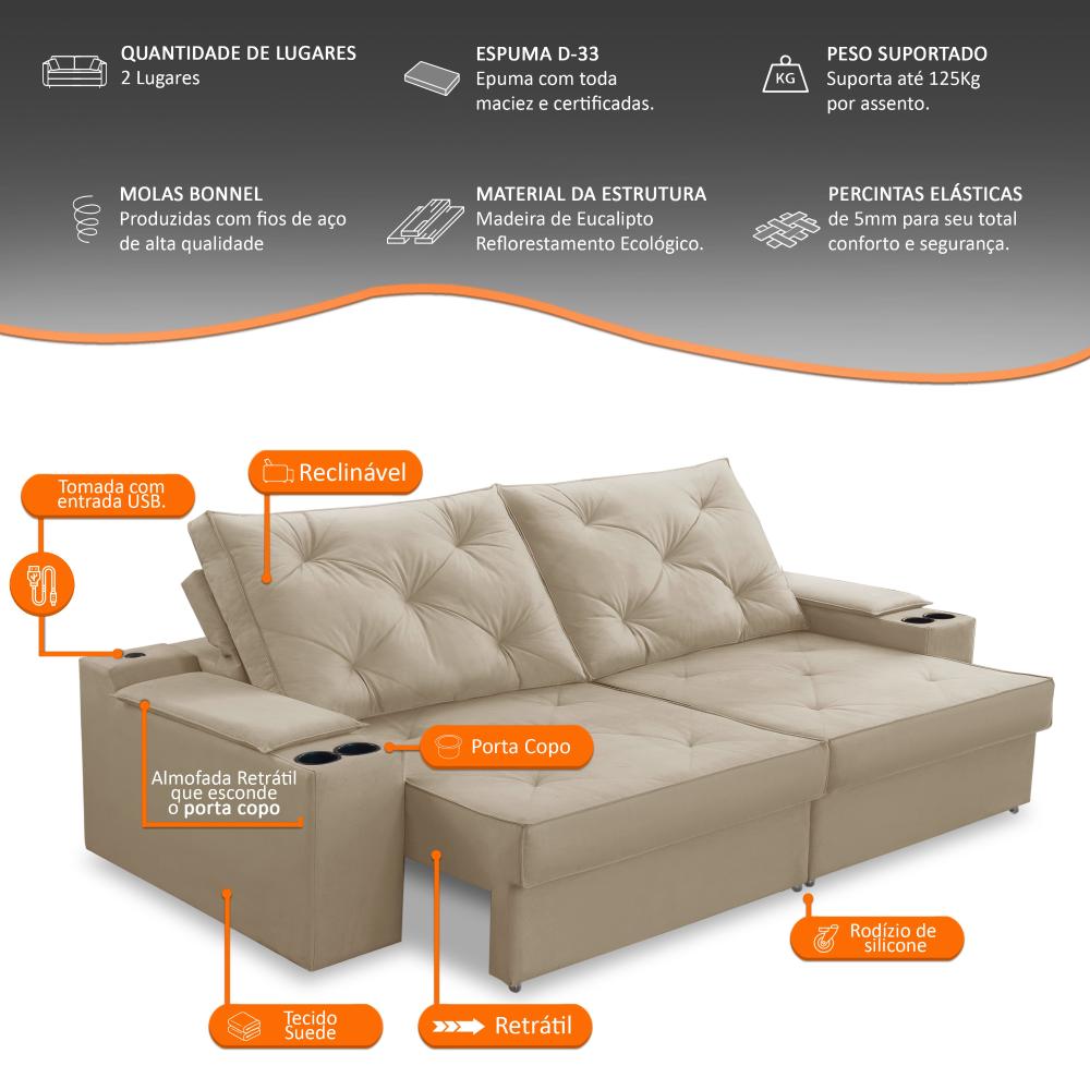 Sofá Retrátil Reclinável 3 lugares 2,30m com Porta Copos e USB Helena Suede Bege Adonai Estofados