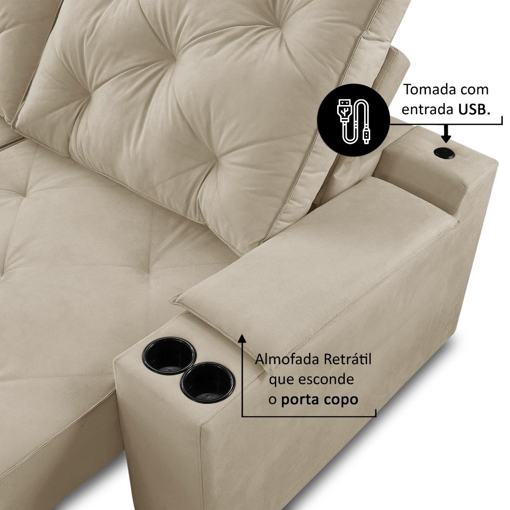 Sofá Retrátil Reclinável 3 lugares 2,30m com Porta Copos e USB Helena Suede Bege Adonai Estofados