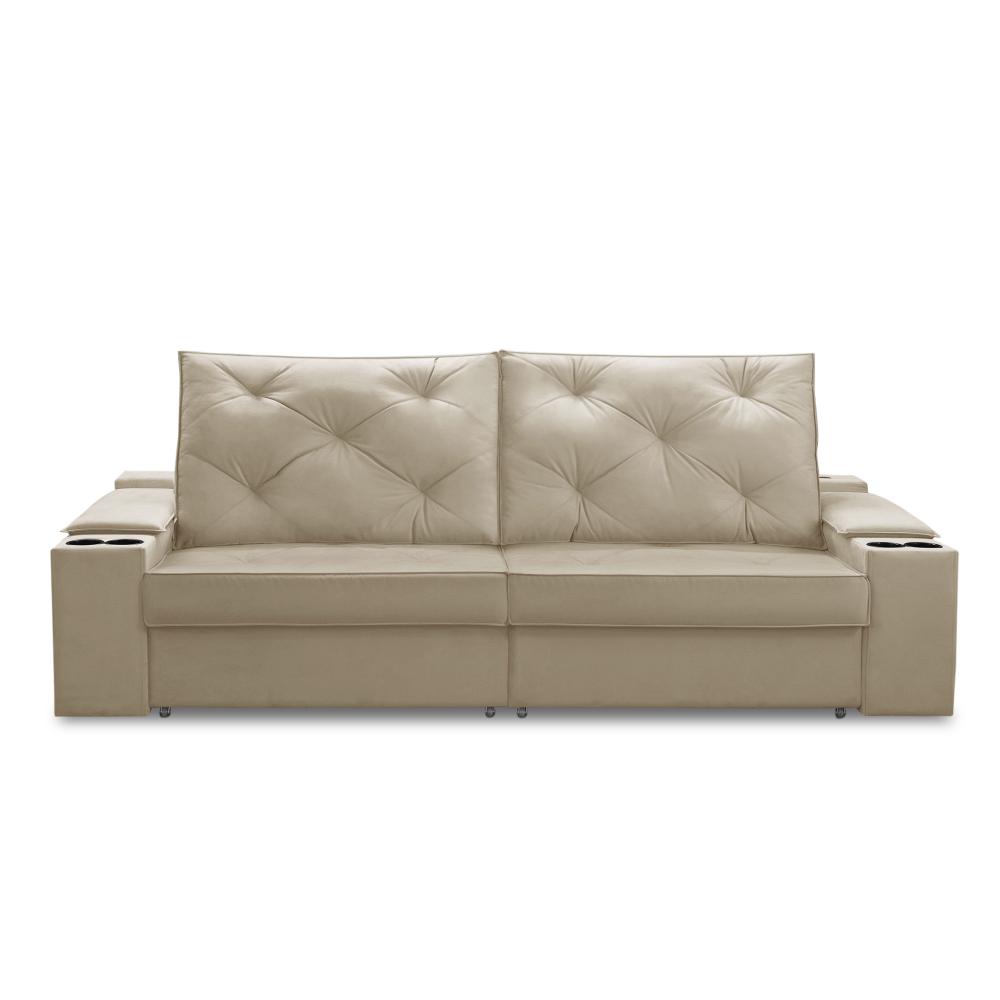 Sofá Retrátil Reclinável 3 lugares 2,30m com Porta Copos e USB Helena Suede Bege Adonai Estofados