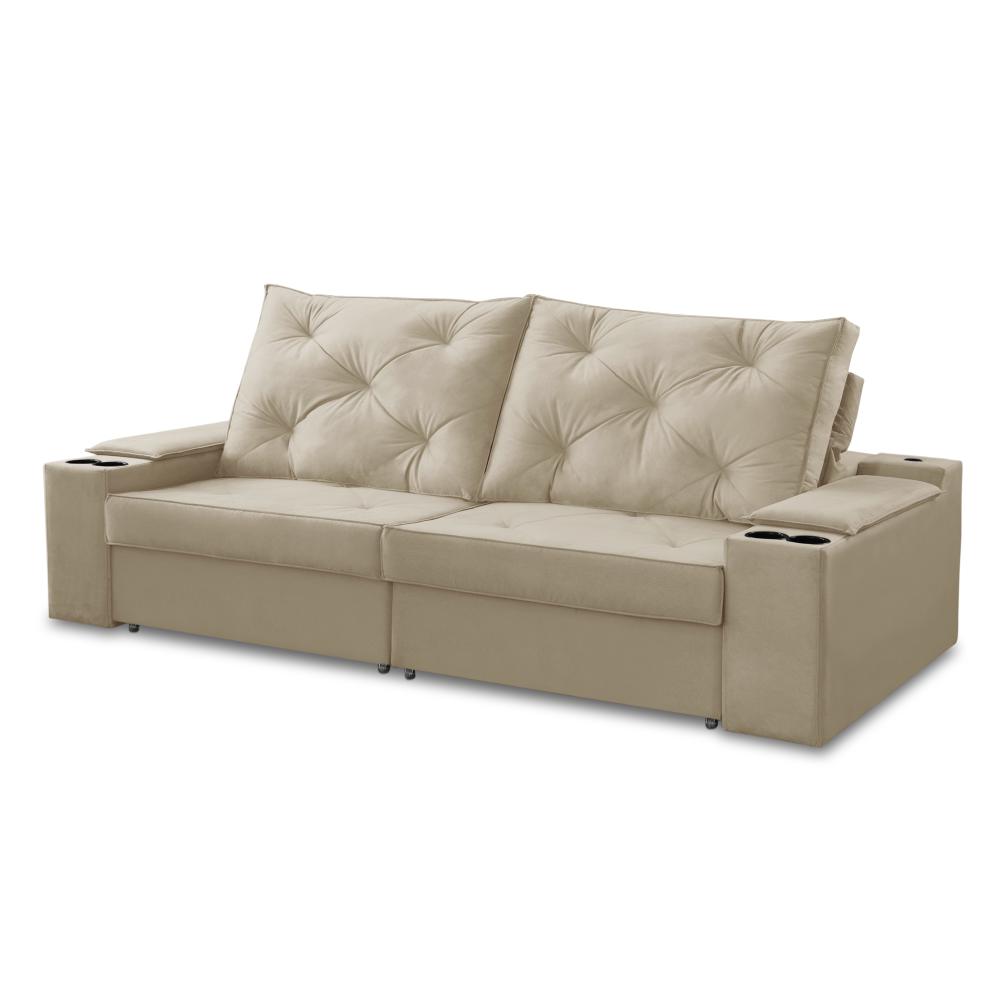 Sofá Retrátil Reclinável 3 lugares 2,30m com Porta Copos e USB Helena Suede Bege Adonai Estofados
