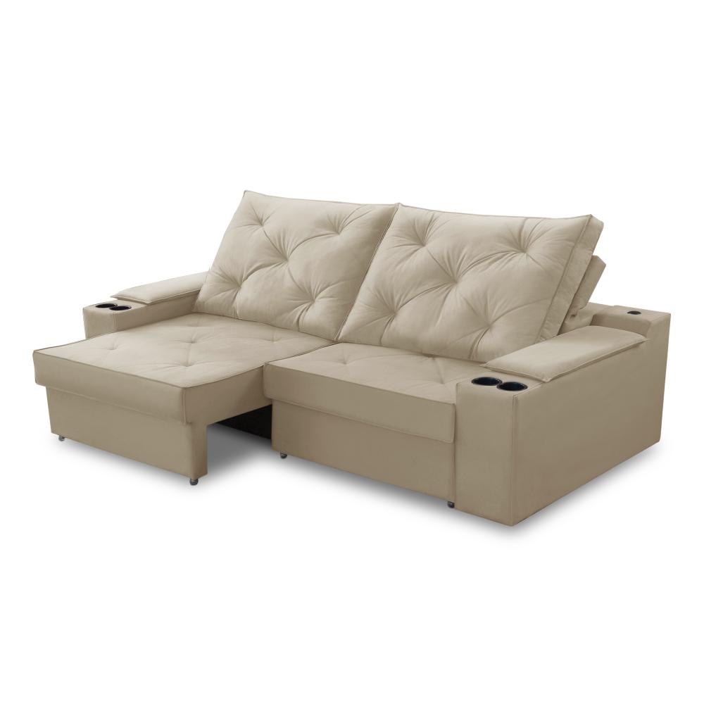 Sofá Retrátil Reclinável 3 lugares 2,30m com Porta Copos e USB Helena Suede Bege Adonai Estofados