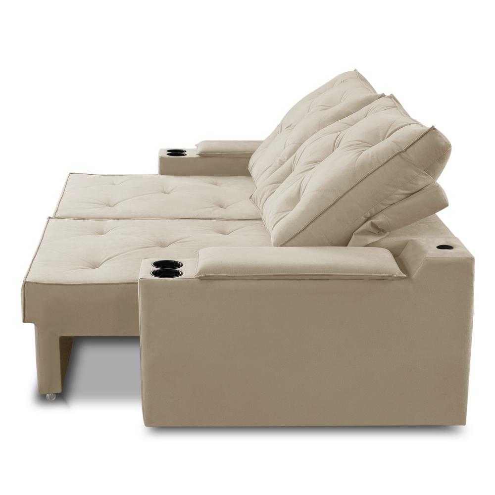 Sofá Retrátil Reclinável 3 lugares 2,30m com Porta Copos e USB Helena Suede Bege Adonai Estofados