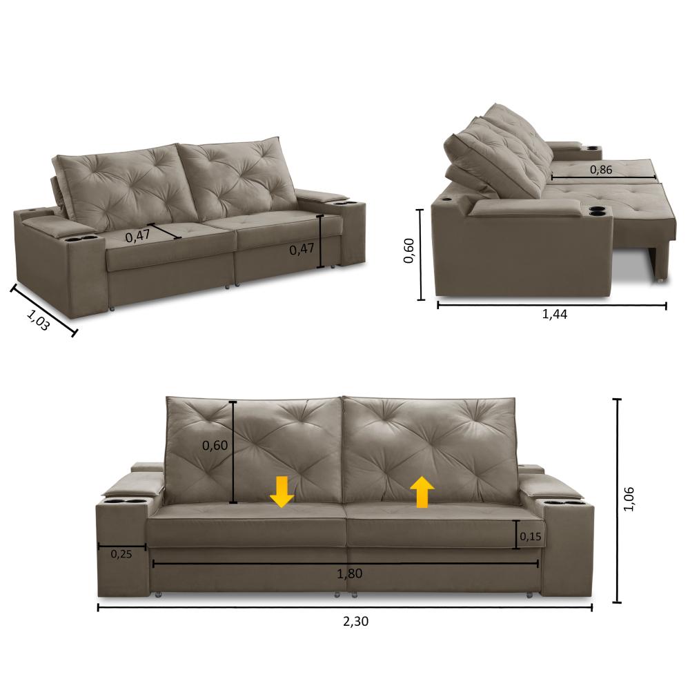 Sofá Retrátil Reclinável 3 lugares 2,30m com Porta Copos e USB Helena Suede Capuccino Adonai Estofados