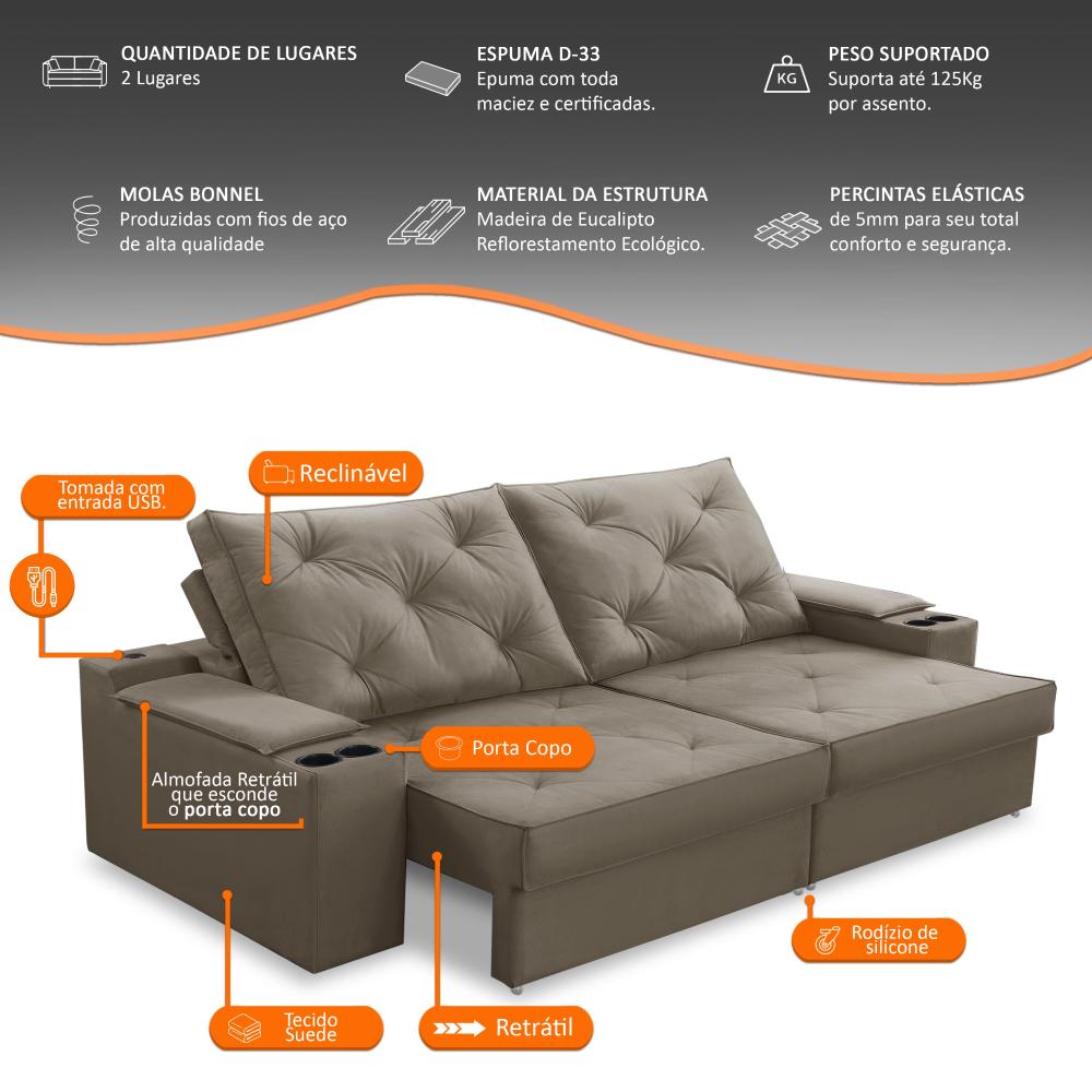 Sofá Retrátil Reclinável 3 lugares 2,30m com Porta Copos e USB Helena Suede Capuccino Adonai Estofados