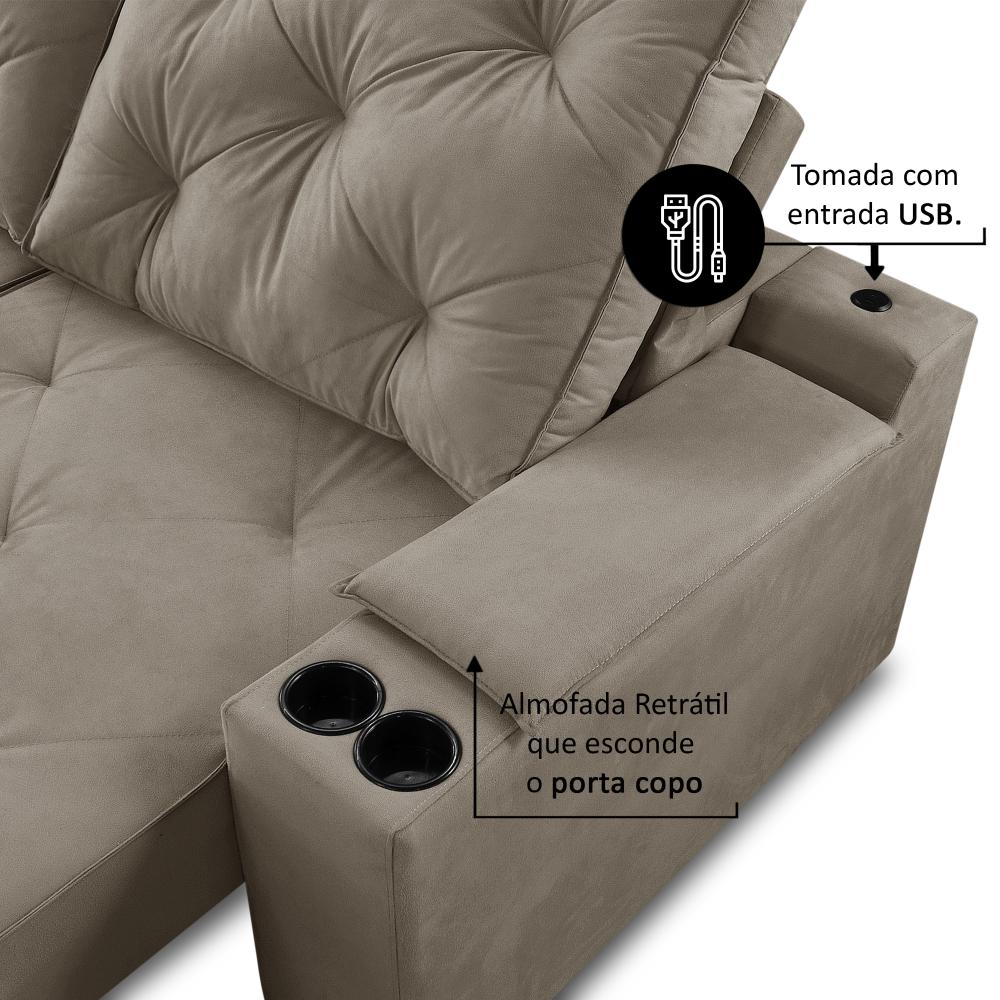 Sofá Retrátil Reclinável 3 lugares 2,30m com Porta Copos e USB Helena Suede Capuccino Adonai Estofados