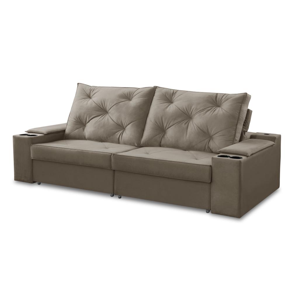Sofá Retrátil Reclinável 3 lugares 2,30m com Porta Copos e USB Helena Suede Capuccino Adonai Estofados