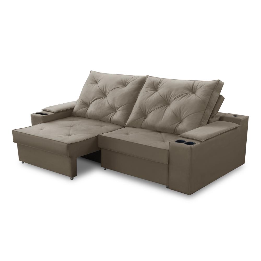 Sofá Retrátil Reclinável 3 lugares 2,30m com Porta Copos e USB Helena Suede Capuccino Adonai Estofados