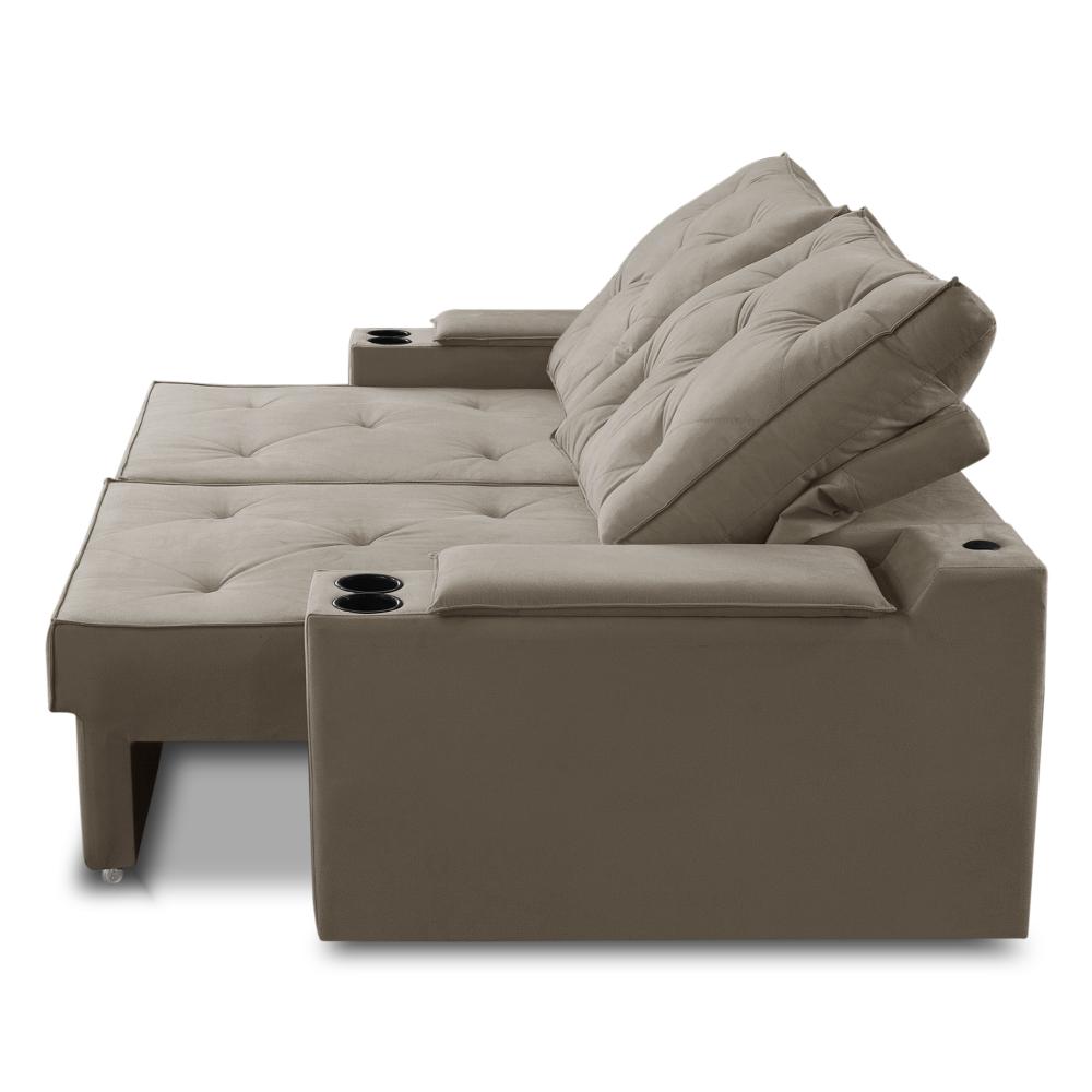 Sofá Retrátil Reclinável 3 lugares 2,30m com Porta Copos e USB Helena Suede Capuccino Adonai Estofados