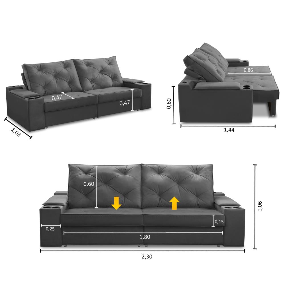 Sofá Retrátil Reclinável 3 lugares 2,30m com Porta Copos e USB Helena Suede Cinza Adonai Estofados