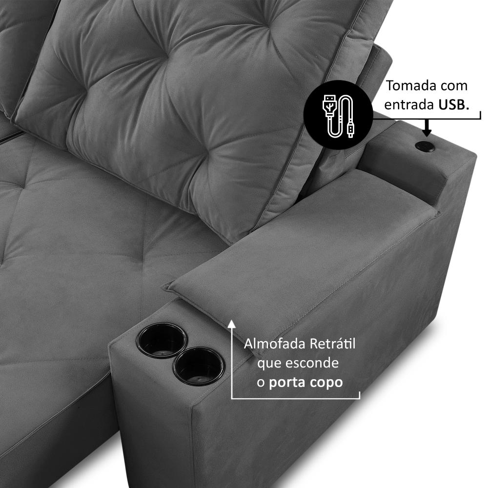 Sofá Retrátil Reclinável 3 lugares 2,30m com Porta Copos e USB Helena Suede Cinza Adonai Estofados