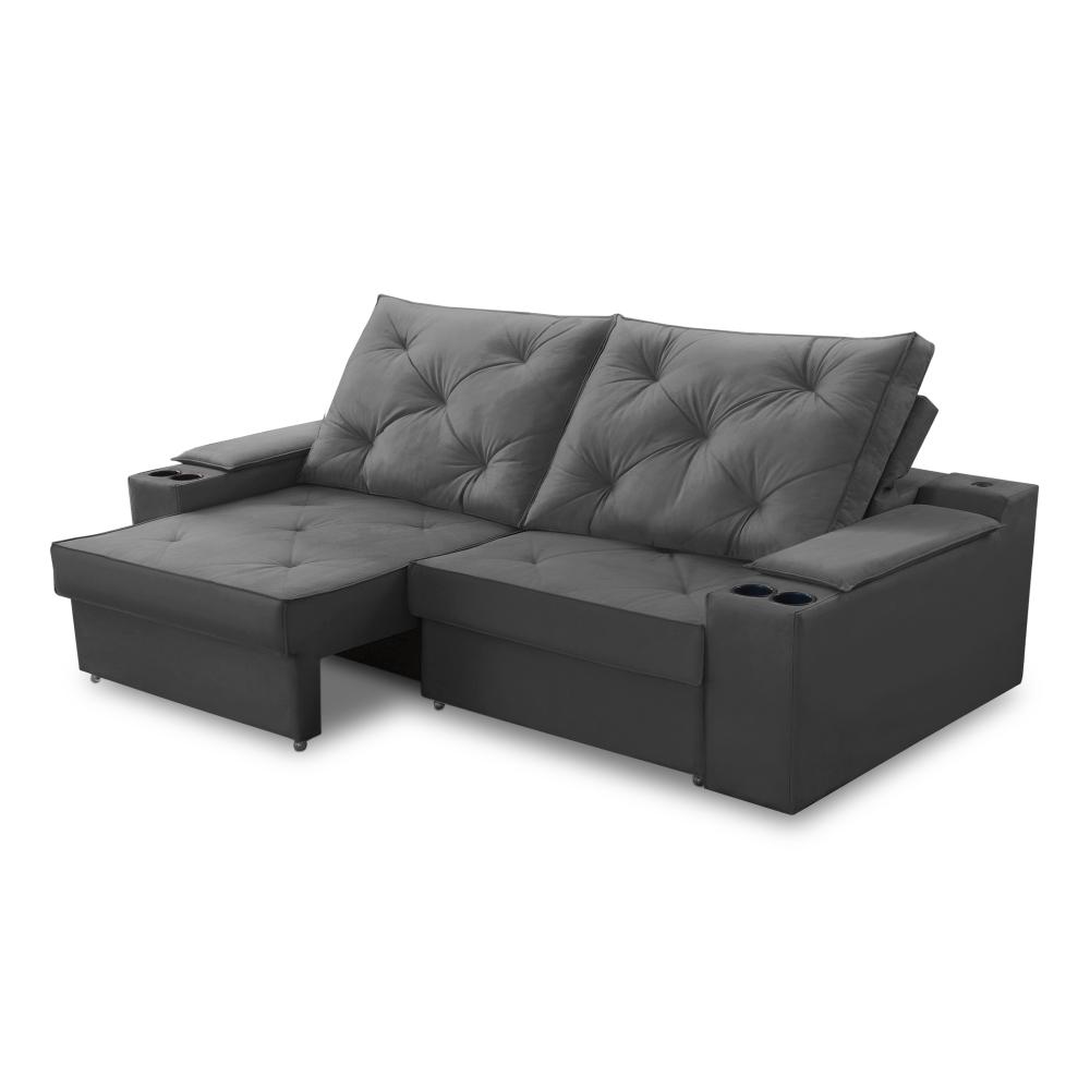 Sofá Retrátil Reclinável 3 lugares 2,30m com Porta Copos e USB Helena Suede Cinza Adonai Estofados