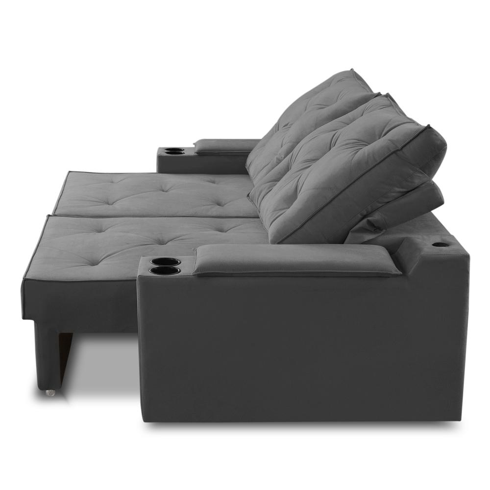 Sofá Retrátil Reclinável 3 lugares 2,30m com Porta Copos e USB Helena Suede Cinza Adonai Estofados