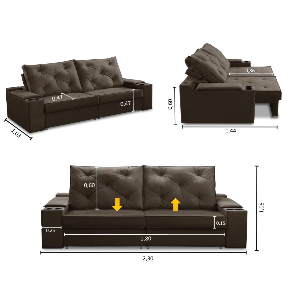 Sofá Retrátil Reclinável 3 lugares 2,30m com Porta Copos e USB Helena Suede Marrom Adonai Estofados