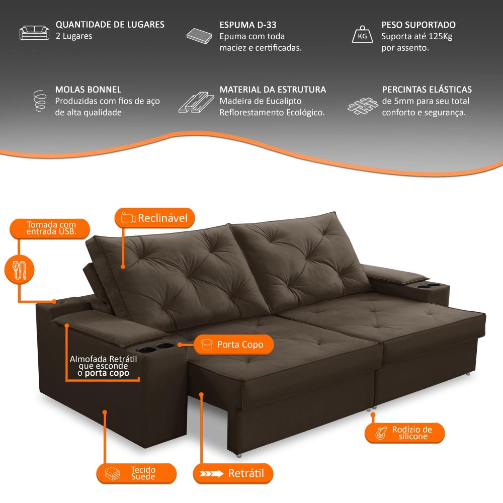 Sofá Retrátil Reclinável 3 lugares 2,30m com Porta Copos e USB Helena Suede Marrom Adonai Estofados