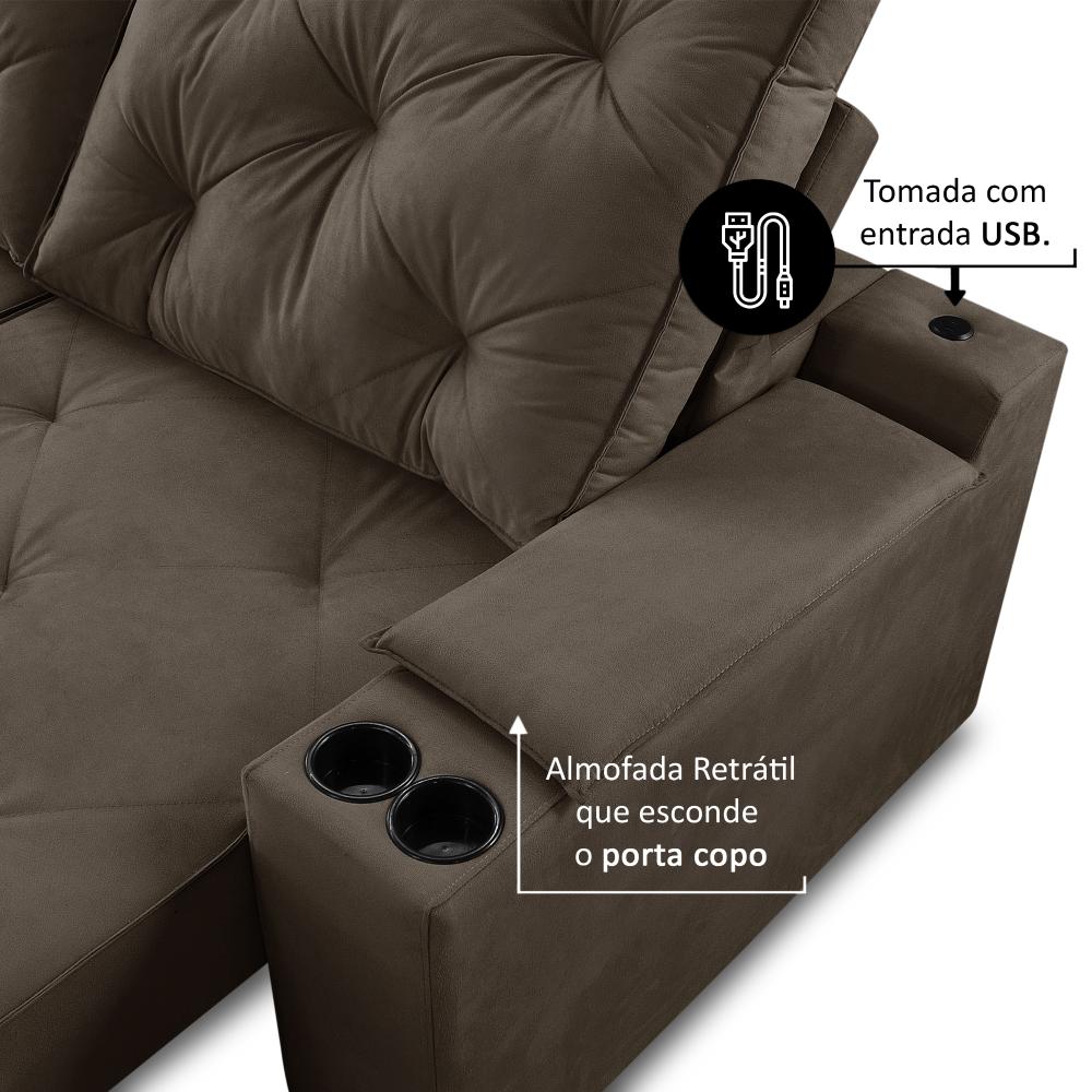 Sofá Retrátil Reclinável 3 lugares 2,30m com Porta Copos e USB Helena Suede Marrom Adonai Estofados