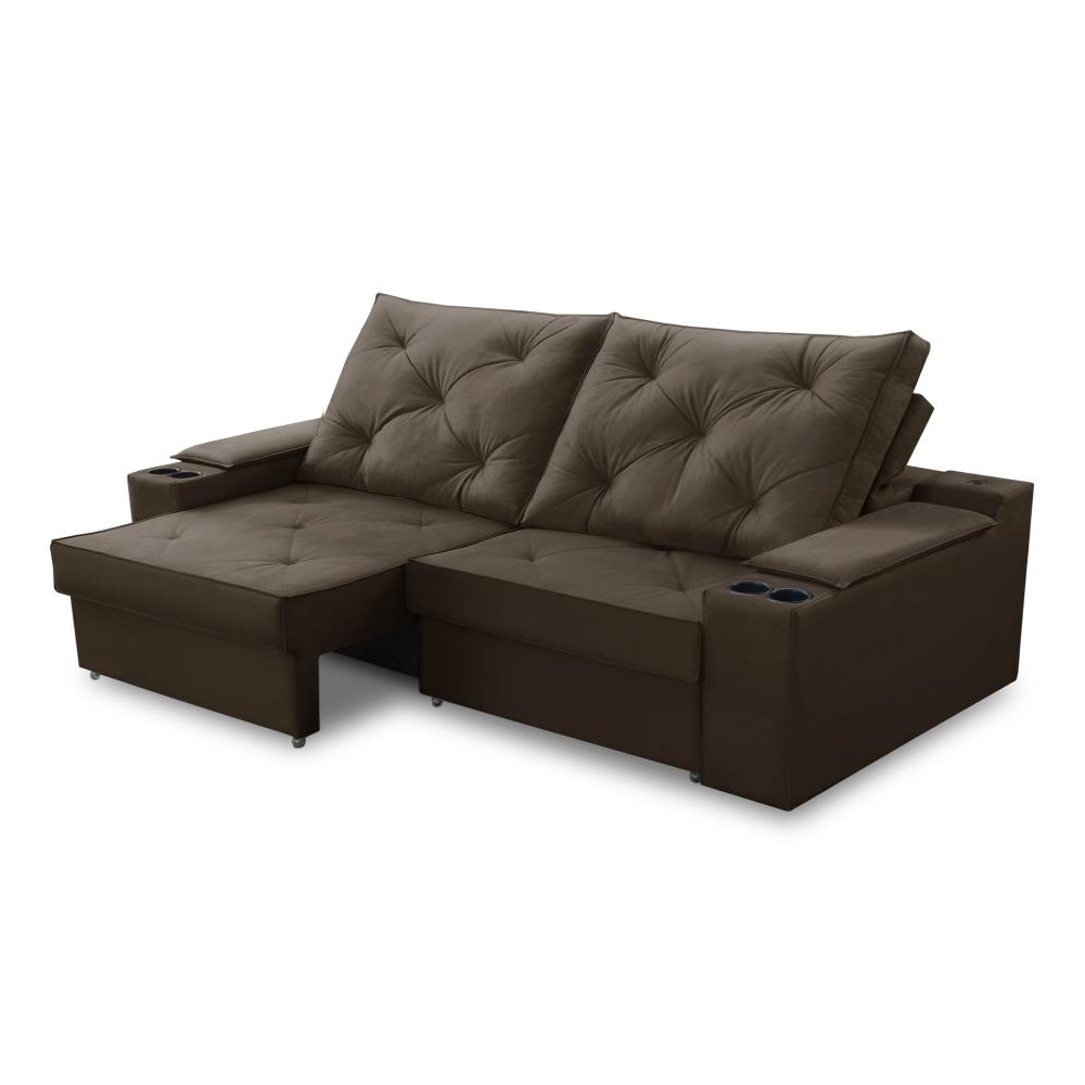 Sofá Retrátil Reclinável 3 lugares 2,30m com Porta Copos e USB Helena Suede Marrom Adonai Estofados