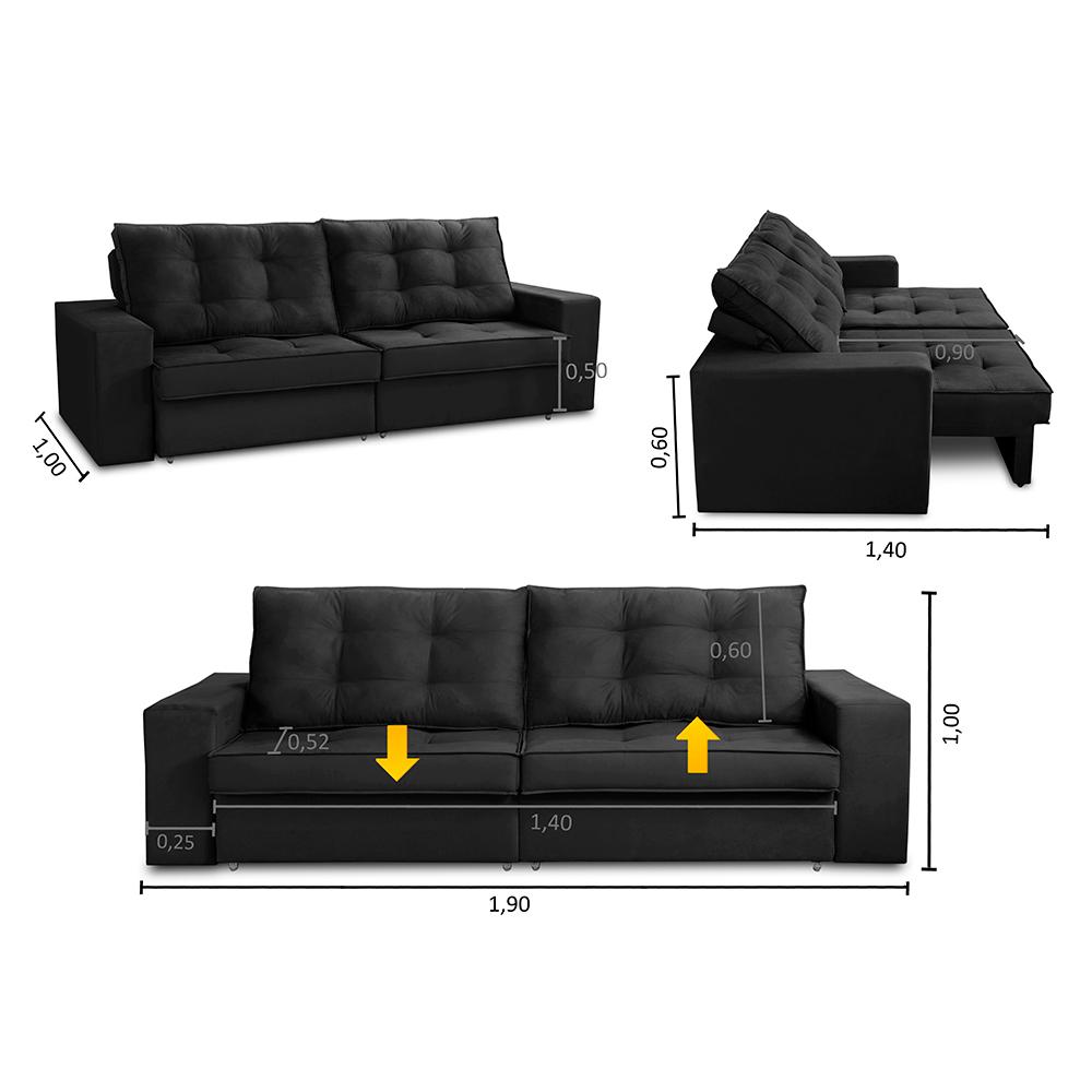 Sofá Retrátil e Reclinável 2 lugares 1,90m com Molas Marcela Suede Preto Adonai Estofados