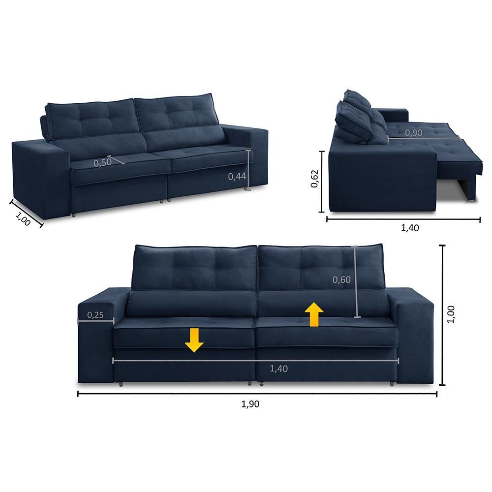 Sofá Retrátil e Reclinável 2 lugares 1,90m com Molas Mirela Suede Azul Adonai Estofados
