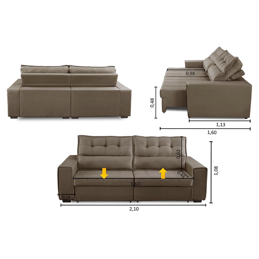 Sofá Retrátil e Reclinável 3 Lugares com Molas 2,10m Camila Suede Cappuccino Adonai Estofados